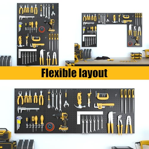 Spampur Peg Board, 8 Pack Metal Pegboard Panels with 50 Hooks - color: Black, size: 16x12"- 8 Pcs