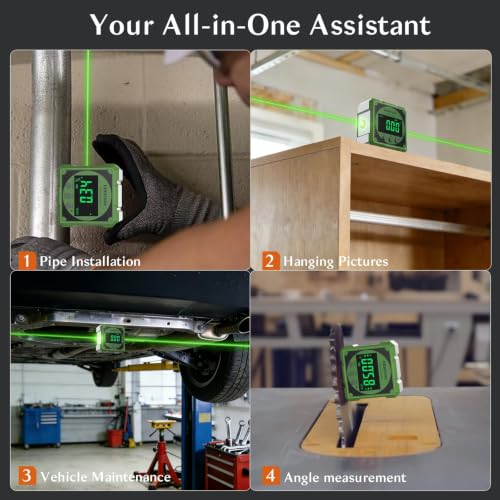 4-side Magnetic Digital Angle Gauge with Laser(Class 2, ＜1mW Output), 4 * 90° Rechargeable Electronic Inclinometer Protractor Level Gauge for Woodworking Tablesaw- Green - color: Green