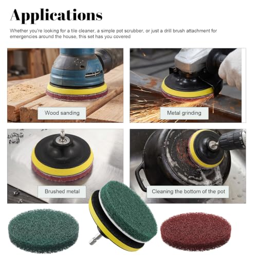 4 Inch Drill Attachments for Cleaning, 3.9" Scrub Brush Set with Red & Green Pads Drill Brush Power Scouring Pads for Kitchen Bathroom Household Cleaning