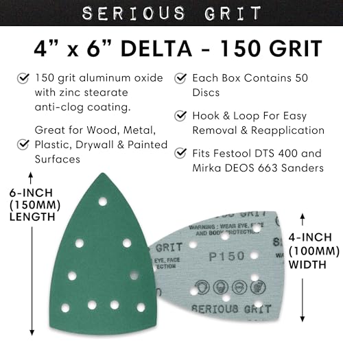 Serious Grit - 4" x 6" Delta P150 Grit Sanding Sheets - 50 Pack Box | Fits Festool DTS 400 & Mirka DEOS Delta Sanders - Heavy-Duty Hook & Loop Wet/Dry Film Sandpaper for Detail Work - size: 150 Grit