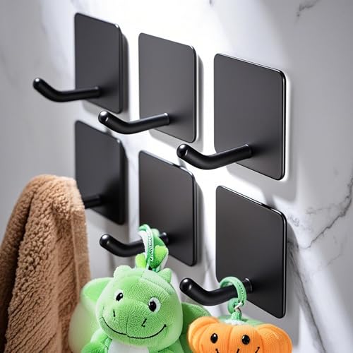 DELITON 6 Pack Towel Hooks for Hanging, Adhesive Hooks Stick on Wall for Bathroom Kitchen Heavy Duty Stainless Steel, Black - color: Black-6