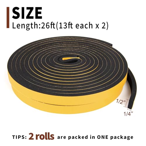 Yotache Weather Stripping Door Seal Strip 1/2 x 1/4 inch, 2 Rolls x 13Ft, New Adhesive Foam Insulation Tape for Door Frames, Windows, Total 26Ft (Pack of 2) - size: 1/2"x1/4"x26 FT (Pack of 2)