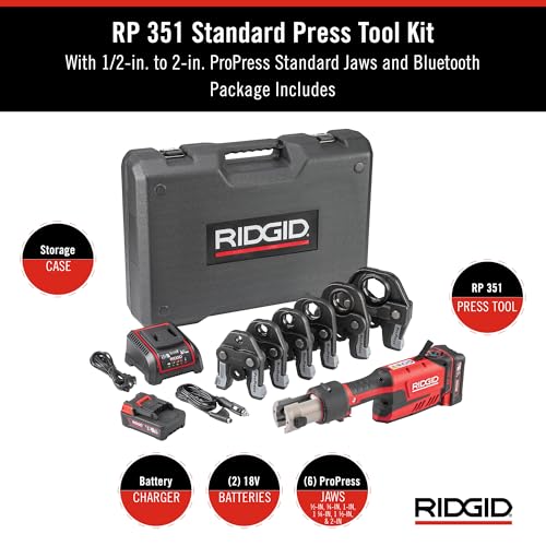 RIDGID 67178 Model RP 351 ProPress Standard Press Tool Kit with Battery, Charger, 1/2" to 2" Press Tool Jaws, and Carrying Case - style: Battery Kit W/ProPress Jaws (1/2" - 2" Jaws Capacity)