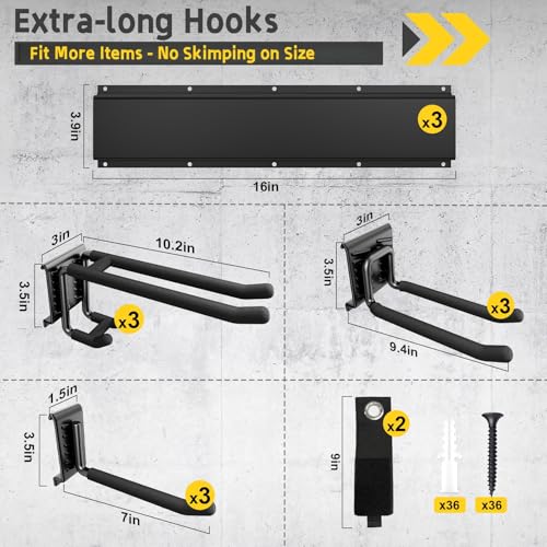 96" Garage Tool Organizer Wall Mount, 1250lbs Heavy Duty Garden Tool Storage Rack with 15 Adjustable Hooks for Yard, Shed, Garage (6 Racks, 15 Hooks, 2 Straps, Steel) - size: 96inch