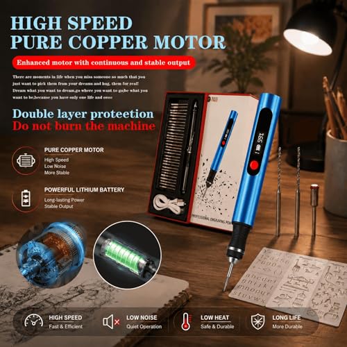Engraving Pen,Lightweight Kit,35 Bits,3 Speed,Beginner-friendly Craft Tool - color: Blue