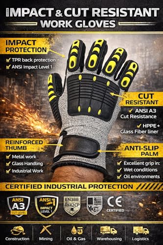 ANSI A3 Cut Resistant Work Gloves, TPR Impact Protection, Nitrile Anti-Slip Palm, HPPE Glass Fiber, Oil Resistant. LARGE - size: Medium