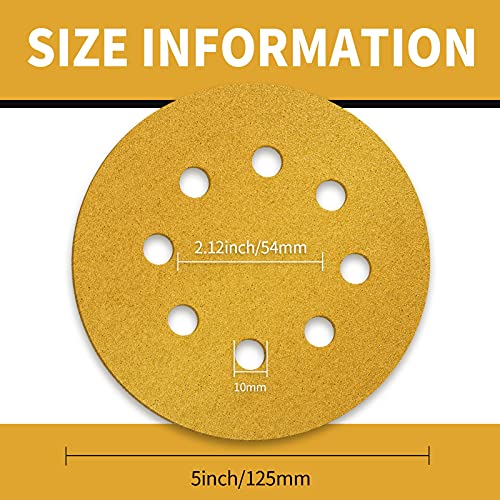 100 Pcs 5 Inch Sanding Discs Hook and Loop, 120 Grit Sandpaper for Woodworking or Automotive, 8 Hole Gold Premium Dustless Random Orbit Sandpaper - style: 120 Grit-100 Discs