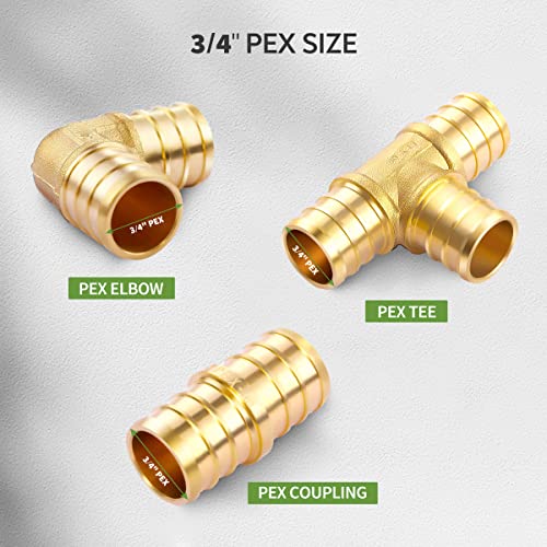 Litorange 3/4 inch T PEX Tee & 90 Degree Elbow & Straight Coupling 3/4" (pack of 9) Lead-Free Brass Barb Crimp Pipe Fitting/Fittings