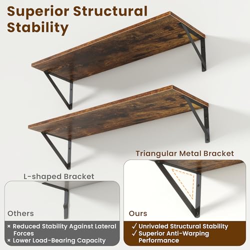 Acovy Floating Shelves for Wall Decor,24" Wx8 D Wall Mount Floating Bookshelf Set of 2,Hanging Storage Shelf with Sturdy Metal Brackets,Wooden Shelf for Living Room,Bedroom,Bathroom,Rustic Brown - color: Rustic Brown, size: 24"Wx8"D-2pcs