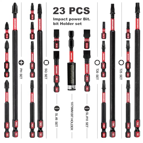 GEINXURN Impact Tough Magnetic Mixed 23Pack Insert Driver Bits, S2 Alloy Steel Screwdriver Power Bits Set with 1Pcs Impact Magnetic Bit Holder - size: MIXED-23PC
