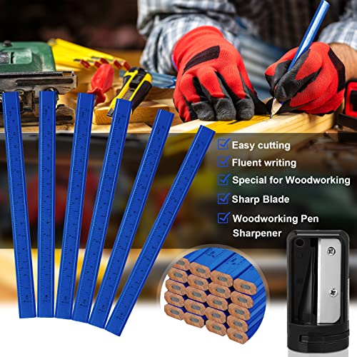 Honoson 200 Pcs Flat Construction Pencils with Printed Ruler Wood Graphite 2 Pcs Carpenter Pencil Sharpener for Woodworking Marking Tool(Blue) - color: Blue