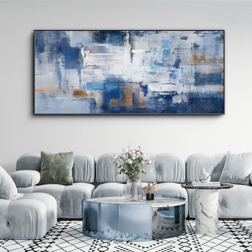 KLAKLA Extra Large Wall Art 86x29 Inches - Abstract Huge Canvas Picture Wall Decor Living Room Oversized Artwork for Walls Bedroom Office Decoration Modern Frame Wall Art - color: Blue-White-Gray + Black frame, size: 86"L x 39"W