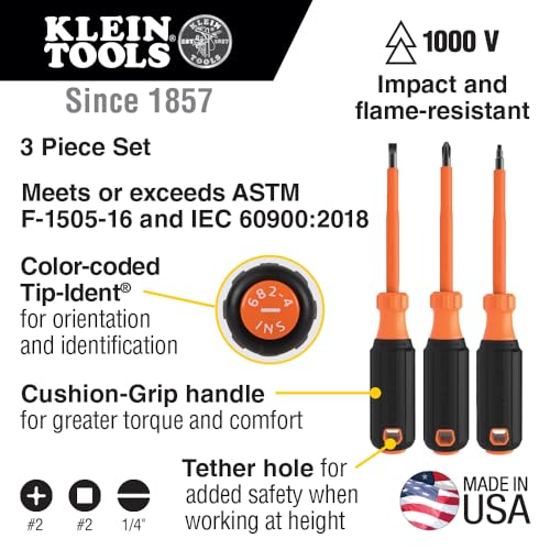 Klein Tools 85073INS Insulated Screwdriver Set, Made in USA, features 1000V Phillips, Slotted and Square Tips, Cushion Grip Handles, 3-Piece - style: Insulated Set