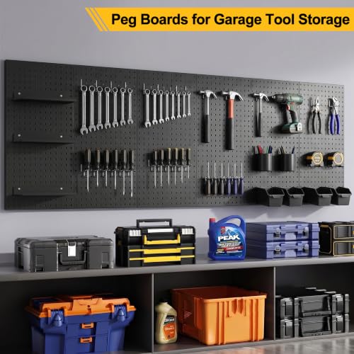 PBHEPJ 10 Pcs Metal Pegboard Panels, 16"x12" Heavy Duty Peg Boards for Garage and Garden Tool Storage, Includes Drywall Anchors and Screws Kits, Black