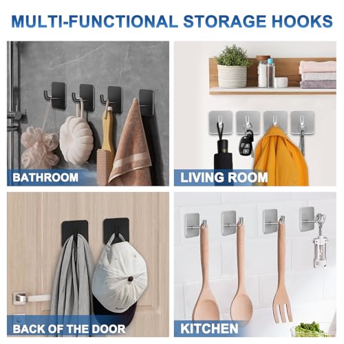 Adhesive Hooks for Bathrooms, 4 Piece Towel Hooks for Hanging Hat Robe Coat, Stick on Hooks for Kitchens, Strong Self-Adhesive No Damage Waterproof Stainless Steel Sticky Hook (Black) - color: Square-A-Black