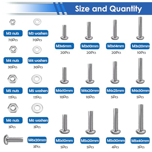 smseace 453Pcs Wood Screws with Nuts and Bolts Assortment Kit 21-Sizes M3/M4/M5/M6 Nut Bolt Washer Assortment Kit 6 Sizes Drywall Screws for Machinery, Furniture, Automotive, Motorcycle Repairs