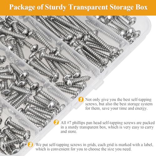 148 Pieces #7 x 1/2" 5/8" 3/4" 1" 1-1/4" Wood Screws Set, Phillips Pan Head #7 Self-Tapping Screws Assortment Kit, 304 Stainless Steel - size: #7, style: Phillips Pan Head