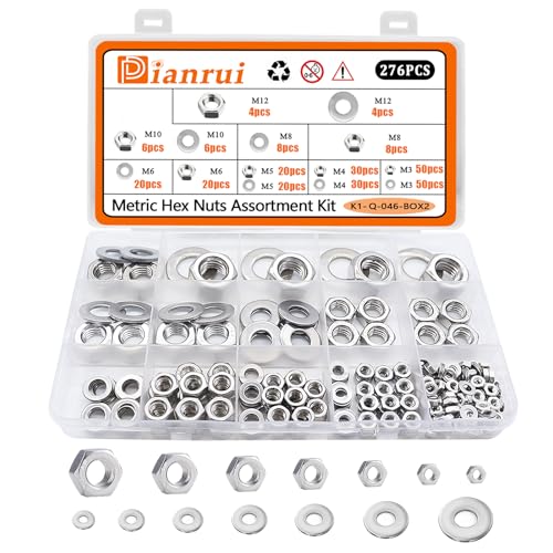 Dianrui 276 PCS Metric Hex Nut and Washer Assortment Kit, 7 Size Nuts and Washer Set (M3 M4 M5 M6 M8 M10 M12) 304 Stainless Steel Hardware Hex Nuts for Screw Bolt - size: 276PCS Metric Kit (M3—M12)