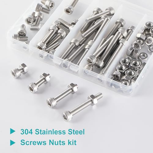 M6 x 10mm 20mm 30mm 40mm Hex Socket Head Cap Screws Bolts and Nuts, Stainless Steel 304, Bright Finish, Metric Allen Drive, Fully Thread, Assortment Kit 80PCS - size: Socket M6x10-40mm+Nuts