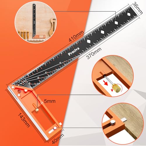 16” Woodworking Square Ruler - Preciva 1/16” Scale Right Angle Ruler Carpenter Square Layout Tool, Retractable Edge Support and Multi-Angle Scribe Mark, Includes Carpentry Pencil - style: 16 IN