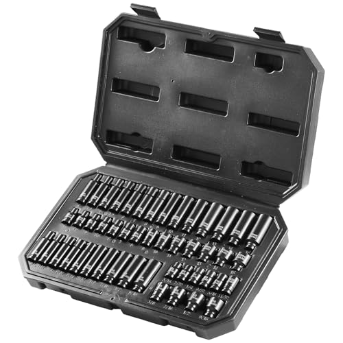 VEVOR Drive Impact Socket Set 1/4" - 48 Piece Deep & Shallow Socket Set SAE 3/16"-9/16" and Metric 4-15mm - 6 Point Cr-Mo Alloy Steel for Auto Repair - Easy-to-Read Size Markings Storage Case - size: 1/4" 48 PCS CR-MO