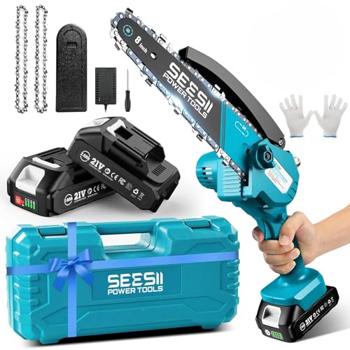 SEESII Mini Chainsaw Cordless 8 inch, Oiler System & Replacement Chain - color: Navy Blue