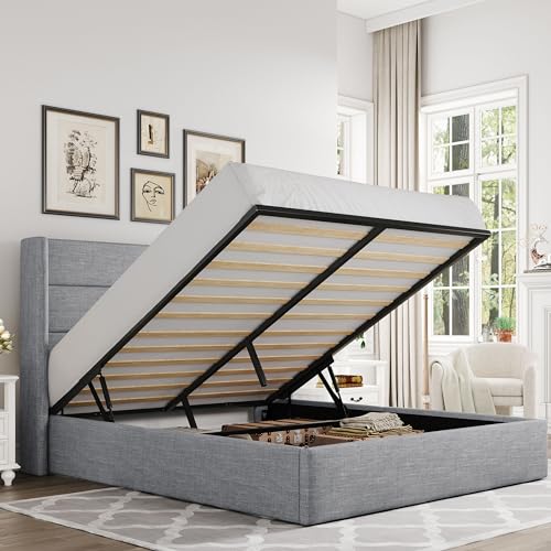Allewie Full Size Lift Up Hydraulic Storage Bed Frame Light Grey - color: Light Grey, size: Full, style: Modern