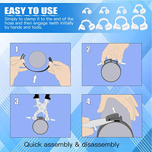 Glarks 48Pcs 8 Size Heavy Duty White Double Gripping Nylon Hose Clamps Set, 6.6-27.2mm Plastic Snap Ratcheting Clamps Assortment Kit (White 48Pcs)