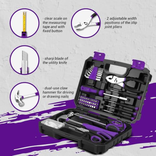 DEKOPRO 50 Piece General Household Hand Tool Kit with Plastic Toolbox Storage Case, All Purpose Home Tool Kit Includes Essential Tools for Office College Repairs - Purple - color: Purple-50pcs
