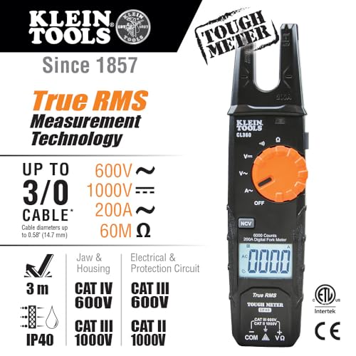 Klein Tools CL360 CL360 Electrical Tester, Open Jaw Fork Non-Contact Voltage Meter with TRMS Technology, with Case, Test Leads and Batteries