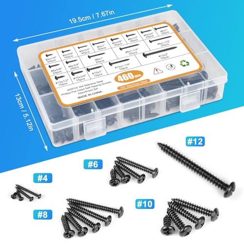 460PCS Black Stainless Steel Wood Screws Assortment Kit, 18 Sizes #4#6#8#10#12 Pan Head Sheet Metal Screws Self Tapping Screws Set for Wood Deck Drywall Concrete Screws, Length 1/4" to 2" - style: Black Pan Head 460PCS