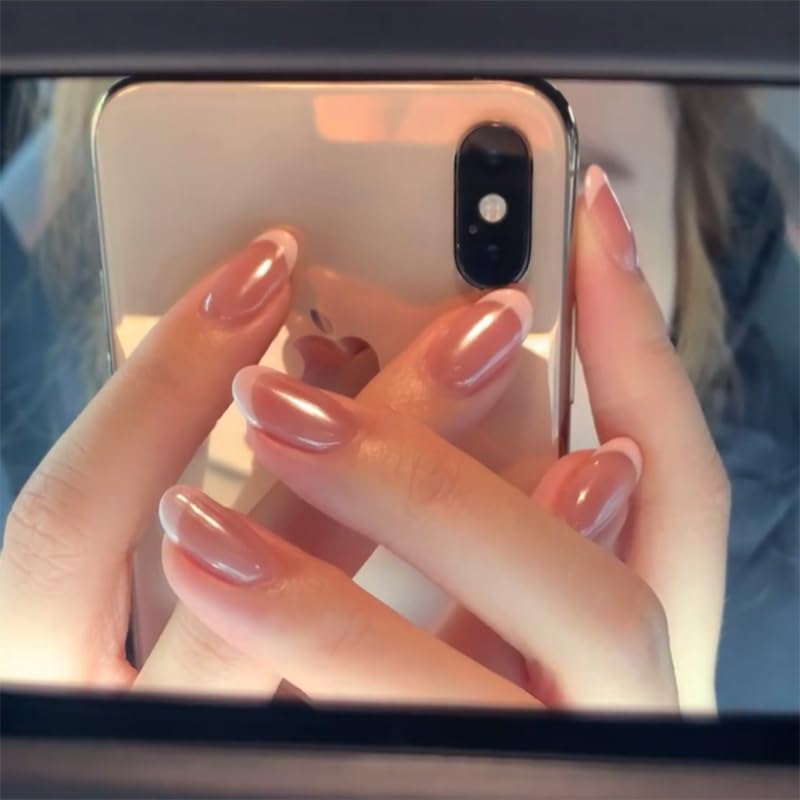 Blush French Tip Chrome Acrylic Press On Nails Medium Almond, Salon Quality. Designer Reusable Glazed Glossy False Nails for Weddings, Perfect for Spring | Women's Beauty Stick-On Nails - color: Chrome French Medium Almond-0704, size: 24 Pieces (Pack of 1