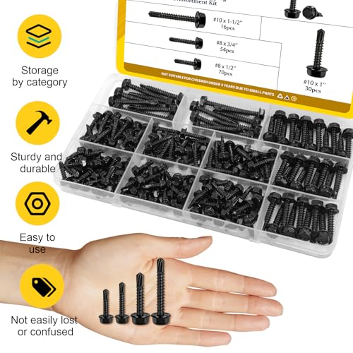 170Pcs #8#10 Black Self Tapping Screws for Metal, #8x1/2'' 3/4'',#10x1'' 1-1/2'' Hex Washer Head Self Drilling Screws Assortment Kit, 410 Stainless Steel Sheet Metal Screw - size: 170pcs #8#10 Black