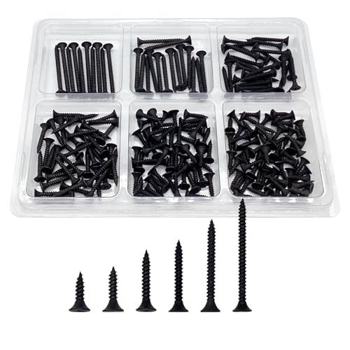 200PCS #6 Wood Screws Assortment Kit, Drywall Screws, Black Wood Screws, Assorted Wood Screws, Flat Head Screws, Screw Assortment, 6 Sizes, (2'', 1-1/2'', 1-1/4'', 1'', 3/4'', 5/8'') - size: #6 200PCS