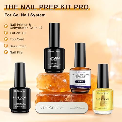 GELAMBER Nail Dehydrator and Primer 2-in-1 Gel Base and Top Coat, Nail File - color: 4Pcs B&T&PD&C