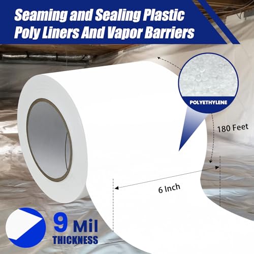 Bghdas 8 Roll, White Vapor Barrier Tape, 6" Wide x 180' Long, PE 9 mm Polyethylene Tape, for Crawlspaces, Underlayment Seams, Metal Building Seams, Excellent Air Barrier, Insulation Repairs