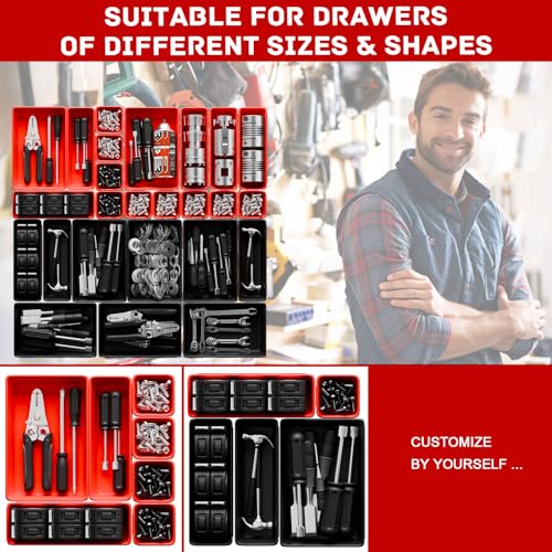 Toolbox Organizer Trays, Tool Chest Drawer Organizer with Non-Slip EVA Pads – 47pcs Red and Black Interlocking Trays for Workbench, Rolling Tool Cart, Garage - color: Red & Black 47PCS