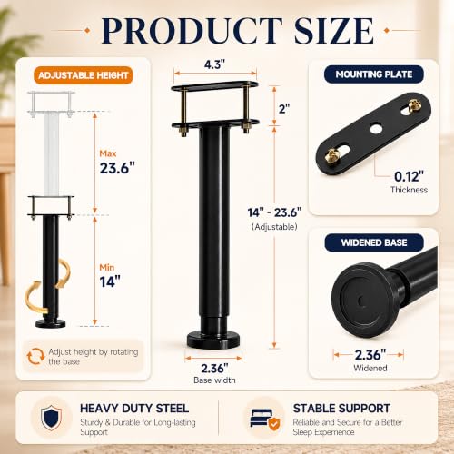 4Pcs Bed Frame Support Leg, Adjustable 14" to 23.6", Increase Under-Bed Storage Space, Extra Sturdy Steel Bed Risers with Wider Rubber Base, More Stable, for King/Queen Bed - size: 14"-23.6" (4pcs)