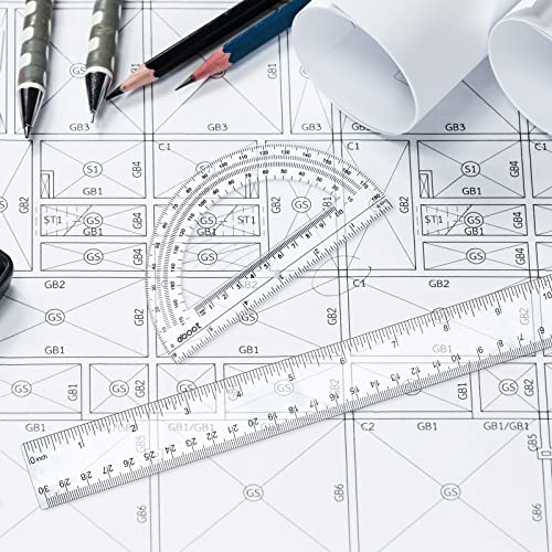 Zonon 2 Pcs 12 Inch Clear Ruler and 6 Inch Plastic Protractor Set, Clear - color: Clear