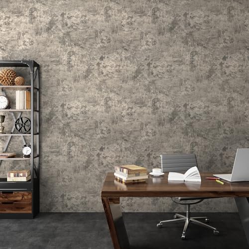 JSEVEM 31"×354" Light Brown Concrete Wallpaper Peel and Stick Industrial Beige Gray Cement Contact Paper Vinyl Warp Matte Textured Self Adhesive Wall Paper for Bedroom Bathroom Office Walls - color: Brown Gray, size: 31" x 354"