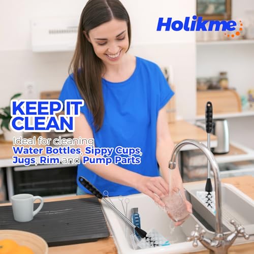 Holikme 6 Pack Bottle Brush Set, 14" Long Handle Stainless Steel Bottle Cleaner Brush, 3 Straw Brushes, 4-in-1 Bottle Cleaning Brush for Water Bottle, Baby Bottle, Blue&White - color: Blue&white, size: 6Pack