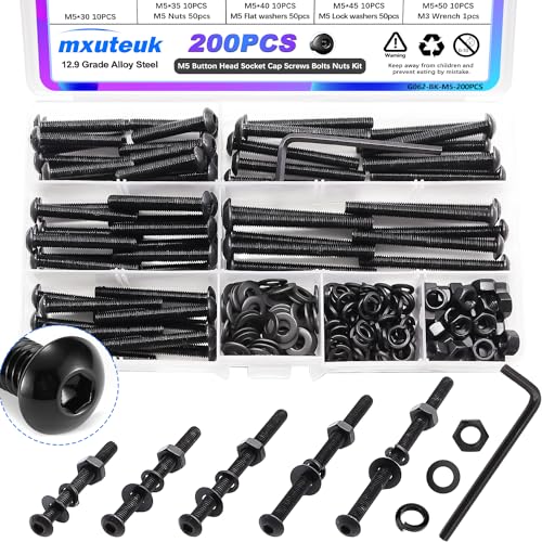 mxuteuk M5 Screws Assortment Set,M5 x 30/35/40/45/50mm Button Head Socket Cap Metric Screws Bolts Nuts Kit,10.9 Grade Alloy Steel M5 Bolts with Hex Wrench (200PCS) - size: 200PCS M5 x 30/35/40/45/50mm