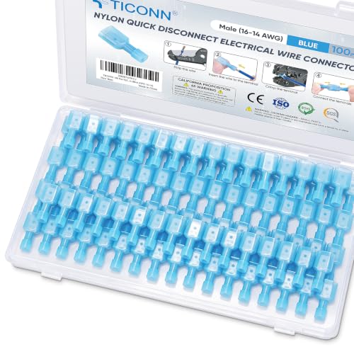 TICONN 100 Pcs Nylon Spade Connector Kit, Insulated Crimp Wire Connectors - style: Male Blue 100 Pcs