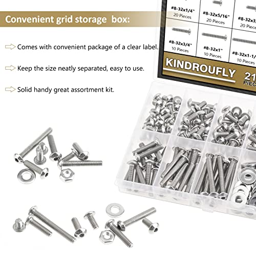 212 Pieces #8-32 x 1/4", 5/16", 3/8", 1/2", 5/8", 3/4", 1", 1-1/4", Button Head Socket Cap Screws Nuts Washers Assortment Kit, 304 Stainless Steel, Fully Machine Thread - size: #8-32, style: Button Head