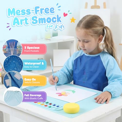 Zimuvora Silicone Painting Mat Set, Paint Mats for Kids with Foldable Silicone Cup, 4 Detail Paint Brushes, 2 Sponge Pads, Apron & Mixing Tool, Washable Art Table Mat (Blue) - color: Blue