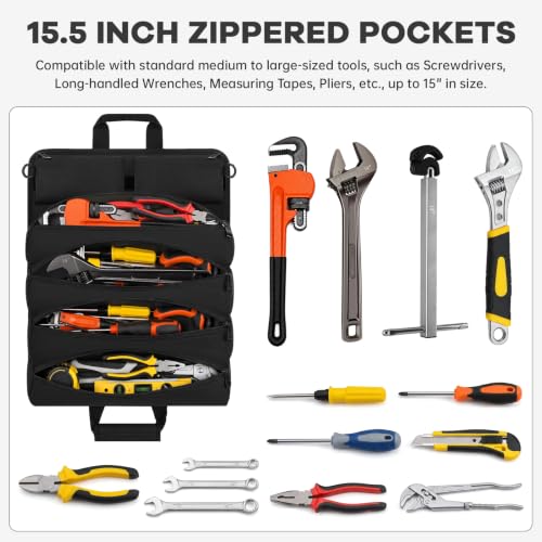 ANILD 15.5 Inch Large Long Tool Bag Roll Up, Roll Up Tool Bag Organizer - color: Black, size: Large