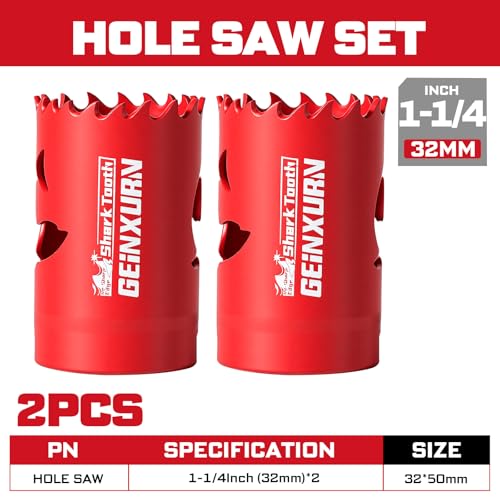 Geinxurn 1-1/4 Inch(32mm) Hole Saw, 2PCS HSS Bi-Metal Hole Saw Kit with Shark Tooth Hole Cutter for Wood,Drywall, PVC Boards and Thin Metal - color: 2 PCS 1-1/4"