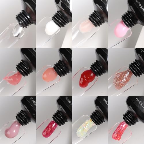 Fcozpjk 12 Colors Poly Nail Gel Kit Clear White Nude Pink Glittery Poly Gel - color: 12colors-gel