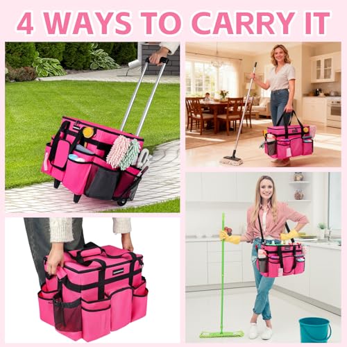 Large Rolling Cleaning Caddy Bag, Cleaning Caddy with Wheels with Detachable Trolley for Housekeepers, Water Resistant Cleaner Supplies Organizer with Wheels for Kitchen, Car, Picnic (Rose-Red)
