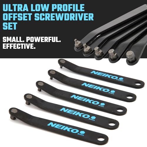 NEIKO 01321A Ultra Low Profile Offset Screwdriver Hex Set, 5 Pc, Heavy Duty S2 Steel Construction, MM, 10mm Bit Depth, Angled Hex Bit, Bent Screwdriver for Tight Spaces, Allen Wrench Keychain - style: Hex Metric